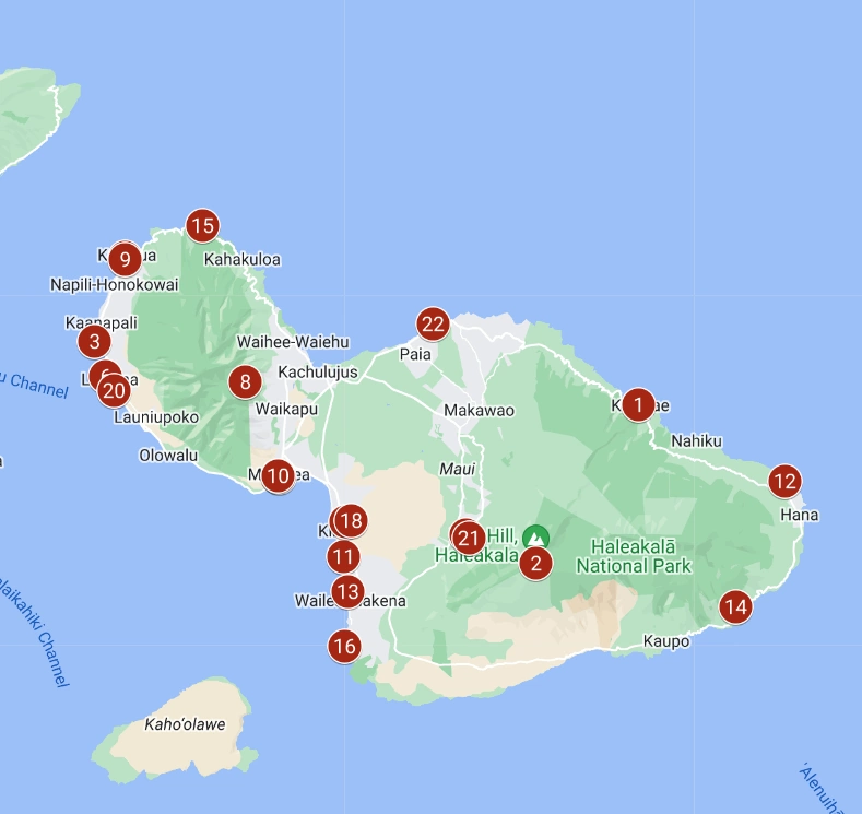 Kelionės į Havajus, 22 geriausi dalykai Maui saloje, Havajuose Žemėlapis